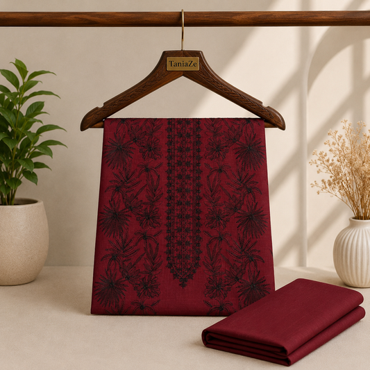 Maroon Khaddar Embroidered 2-Piece Suit – Design 221 – Image 1 | TANIAZE