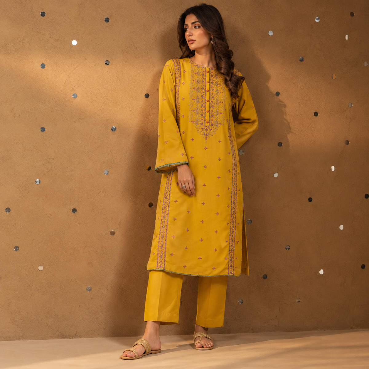 Mustard Yellow | Embroidered Karandi Stitched 2-Piece | WKS-16 — product photograph 1 | TANIAZE