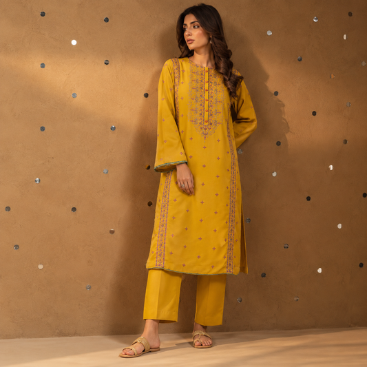 Mustard Yellow | Embroidered Karandi Stitched 2-Piece | WKS-16 — product photograph 1 | TANIAZE
