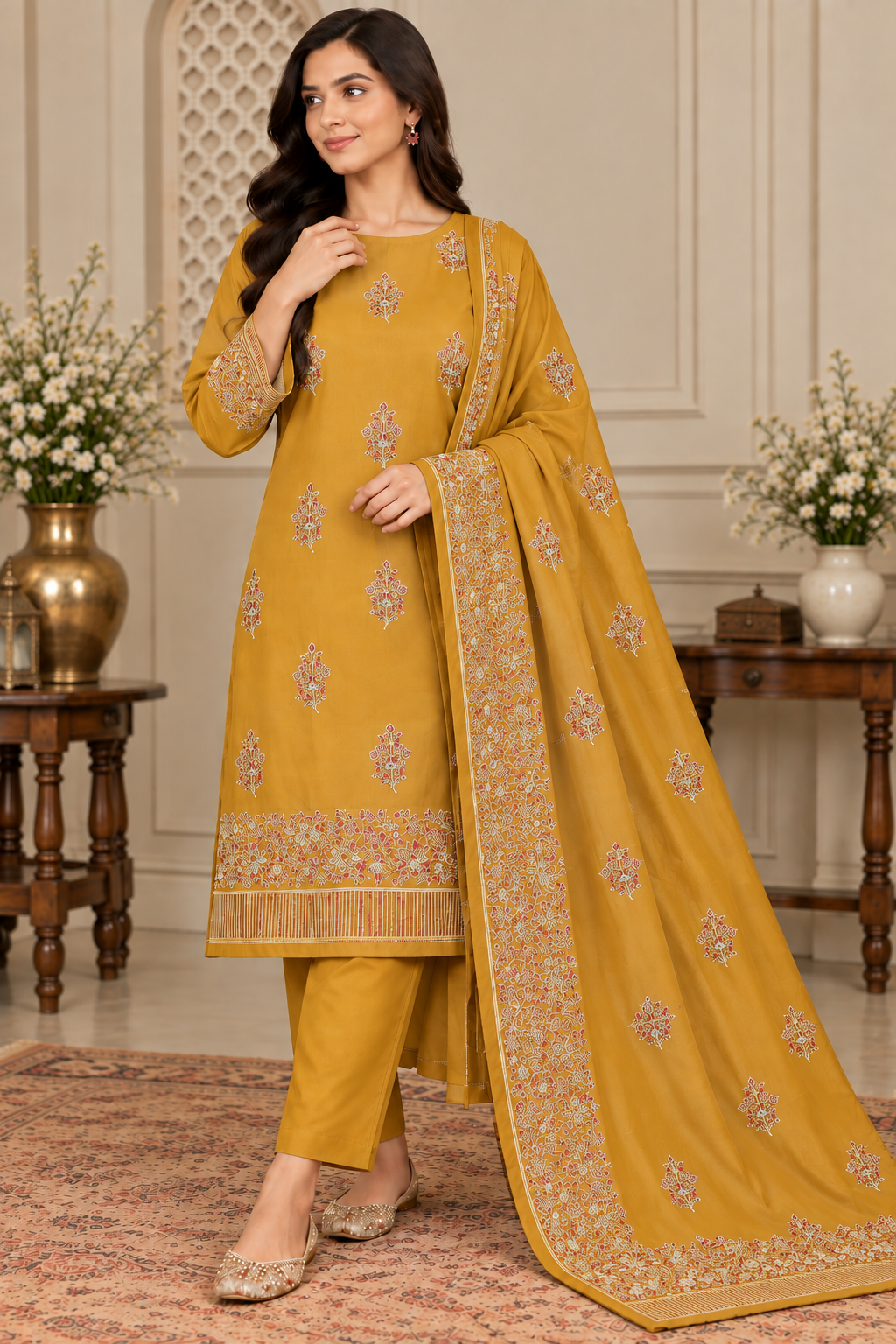 DHANAK EMBROIDERED 3-PIECE MUSTARD YELLOW WPM-788