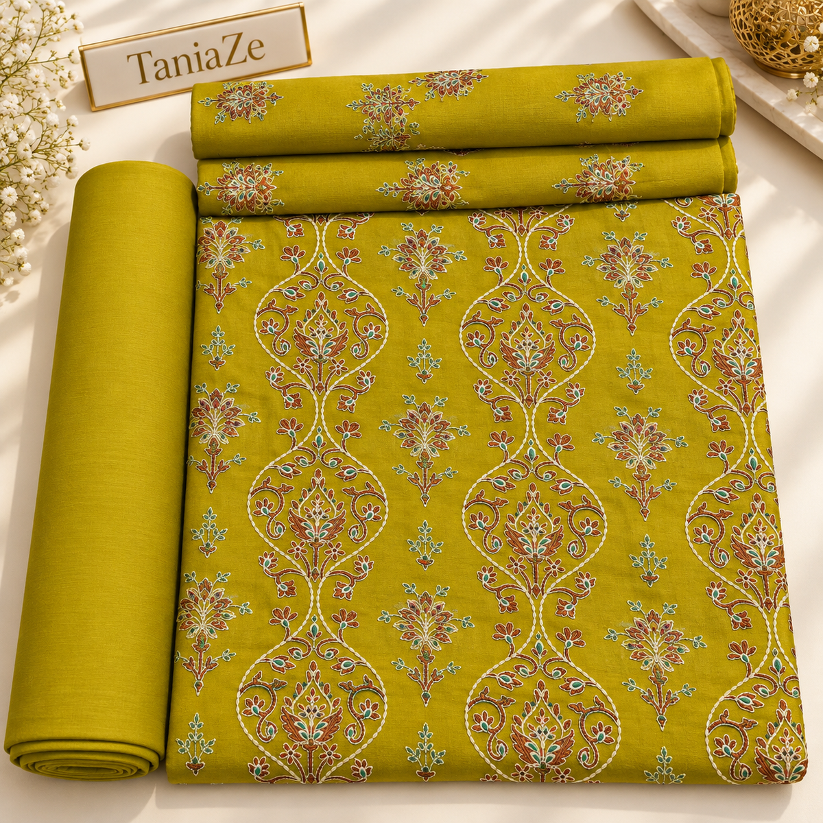 Lime Green Karandi Embroidered 3-Piece Suit – TZAJ-405