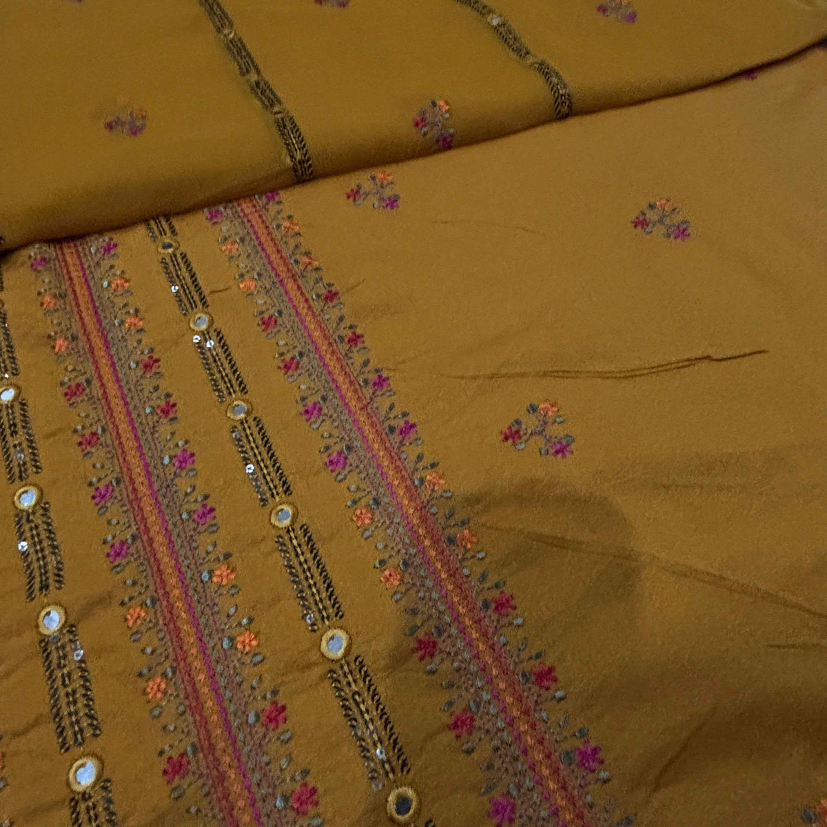 Mustard Yellow women's unstitched Karandi embroidered 3-piece suit TZAJ-292 by TANIAZE