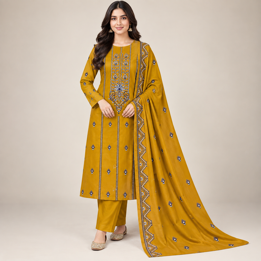 Mustard Yellow Dhanak Embroidered 3-Piece Suit – WPM-804