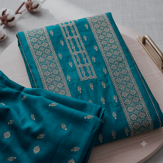 Teal blue Karandi Embroidered 2-Piece Suit – TZAJ-2408 — unstitched embroidered shirt and plain trouser | TANIAZE