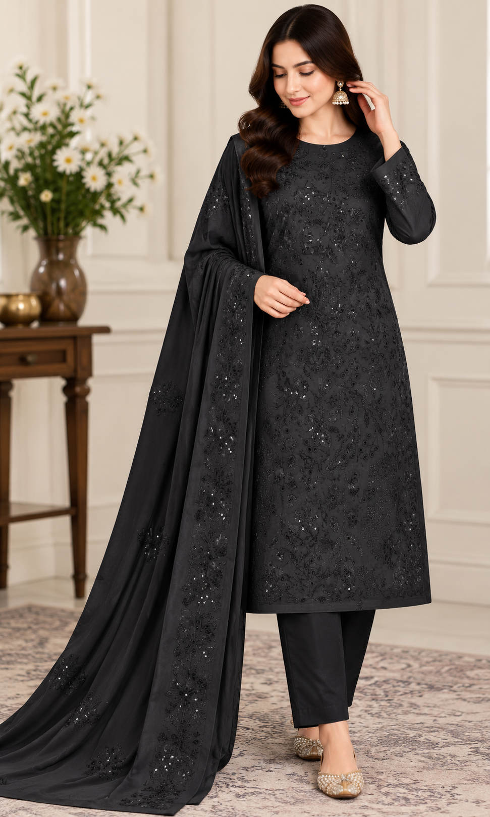 DHANAK EMBROIDERED 3-PIECE BLACK WPM-806