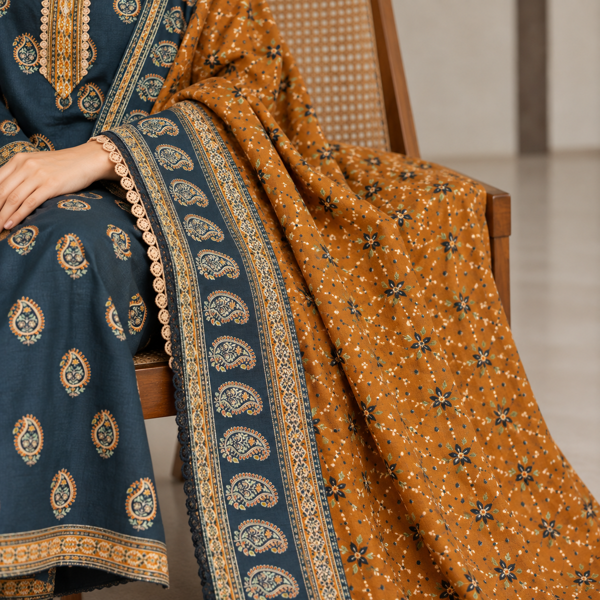 Elara printed khaddar stitched 3 piece suit with khaddar dupatta - TANIAZE