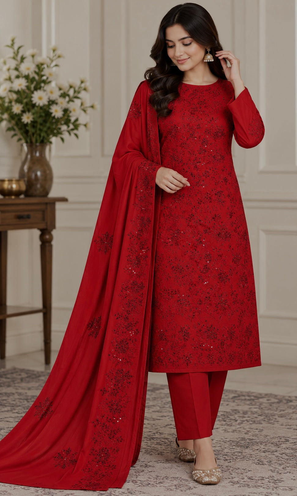 DHANAK EMBROIDERED 3-PIECE DEEP RED WPM-807