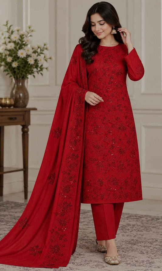 Deep Red Dhanak Embroidered 3-Piece Suit – WPM-807