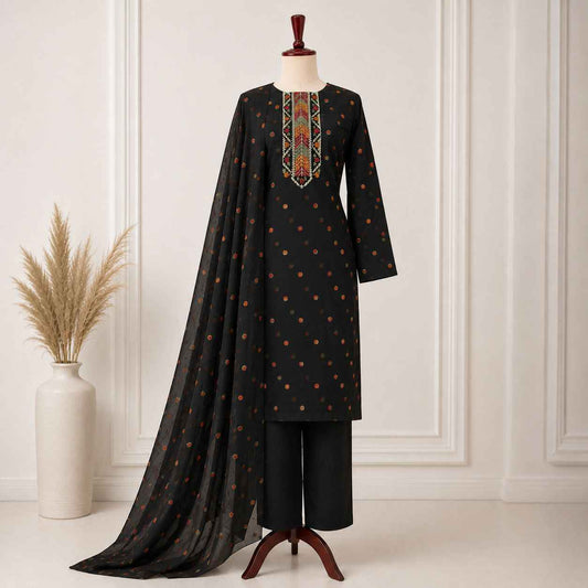 Black Karandi Embroidered 3-Piece Suit – TZAJ-394 – Image 1 | TANIAZE