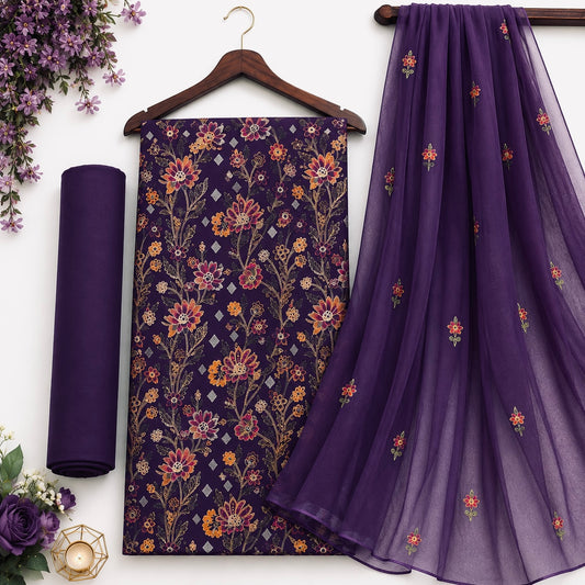 Deep Purple women's unstitched Karandi embroidered 3-piece suit TZAJ-360 by TANIAZE