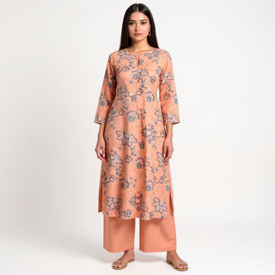 Peach unstitched Karandi embroidered 2-piece suit WKU-159 by TANIAZE shown on a model for styling inspiration