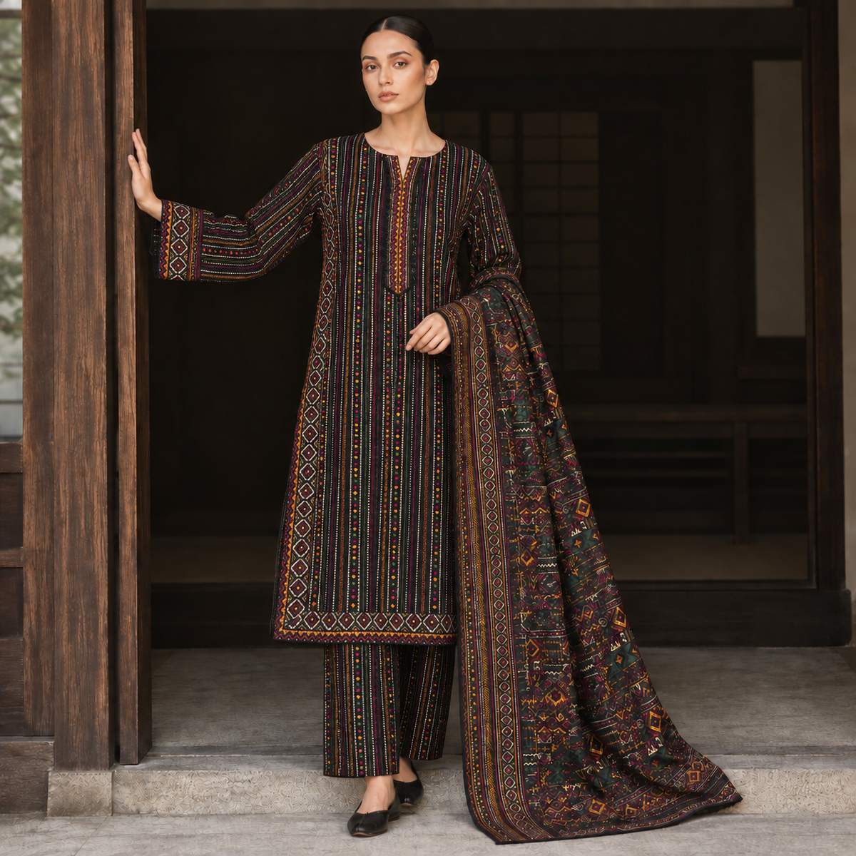 Inaya printed khaddar stitched 3 piece suit with khaddar dupatta - TANIAZE
