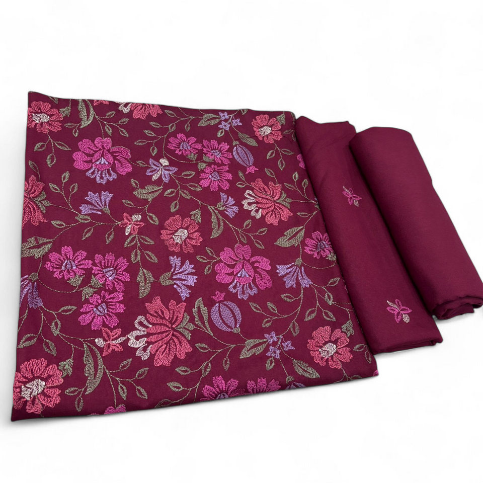 Maroon unstitched Karandi embroidered 2-piece suit WKU-887 by TANIAZE — shirt and trouser