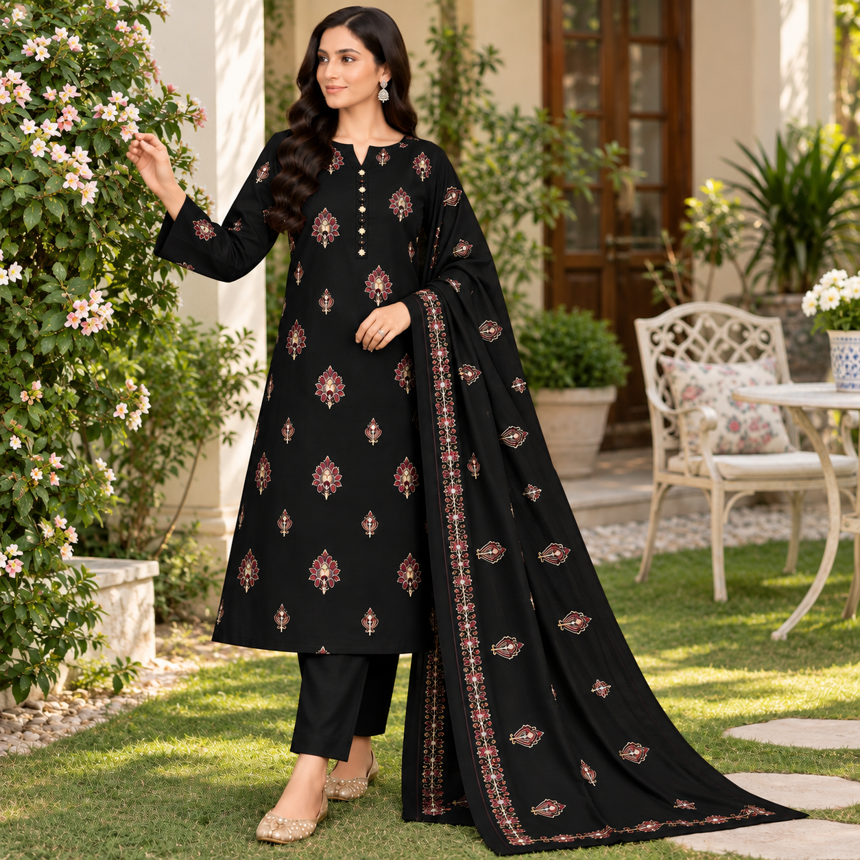 DHANAK EMBROIDERED 3-PIECE BLACK WPM-809
