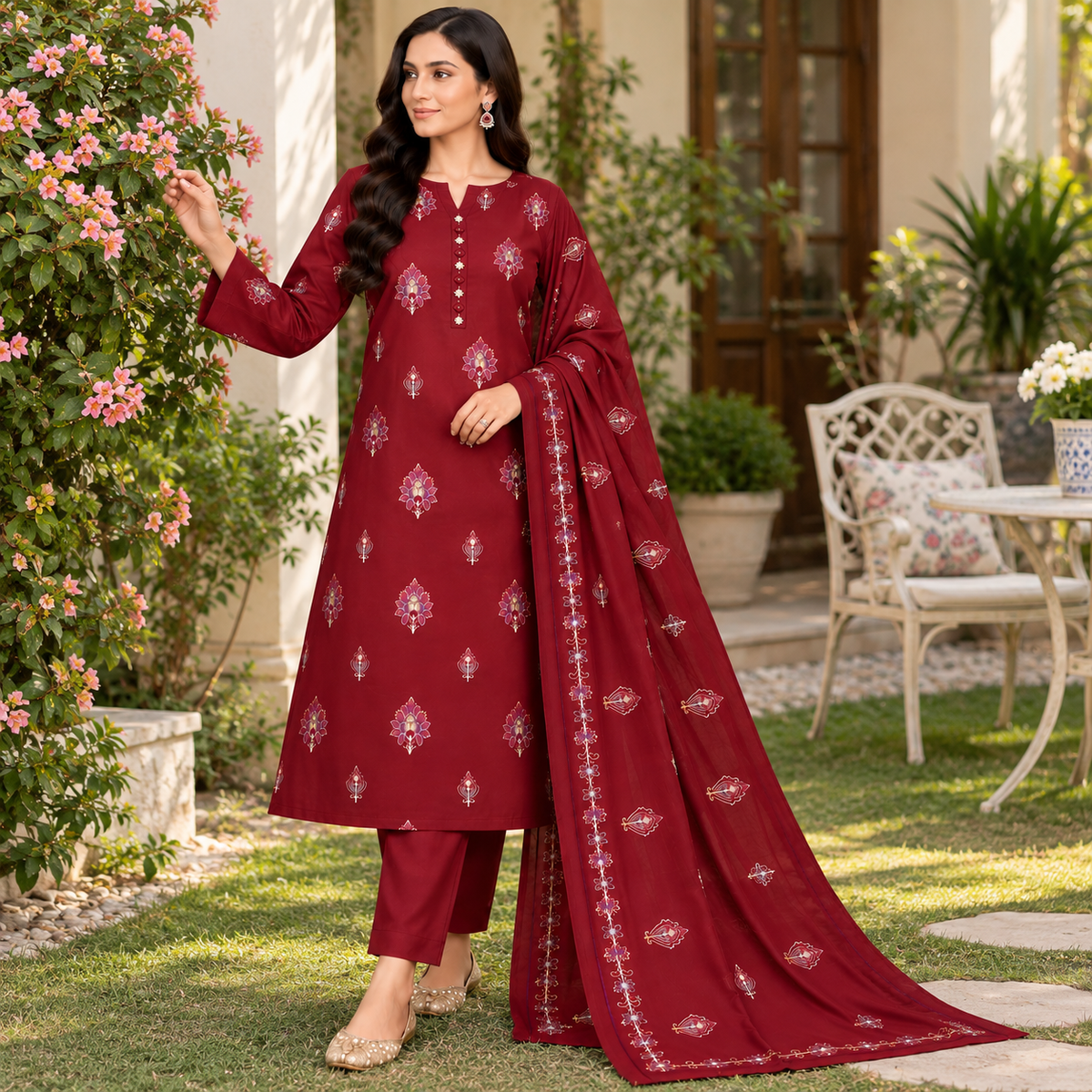 DHANAK EMBROIDERED 3-PIECE MAROON WPM-810