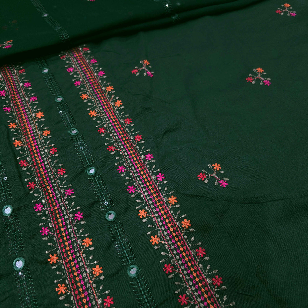 Bottle Green women's unstitched Karandi embroidered 3-piece suit TZAJ-295 by TANIAZE