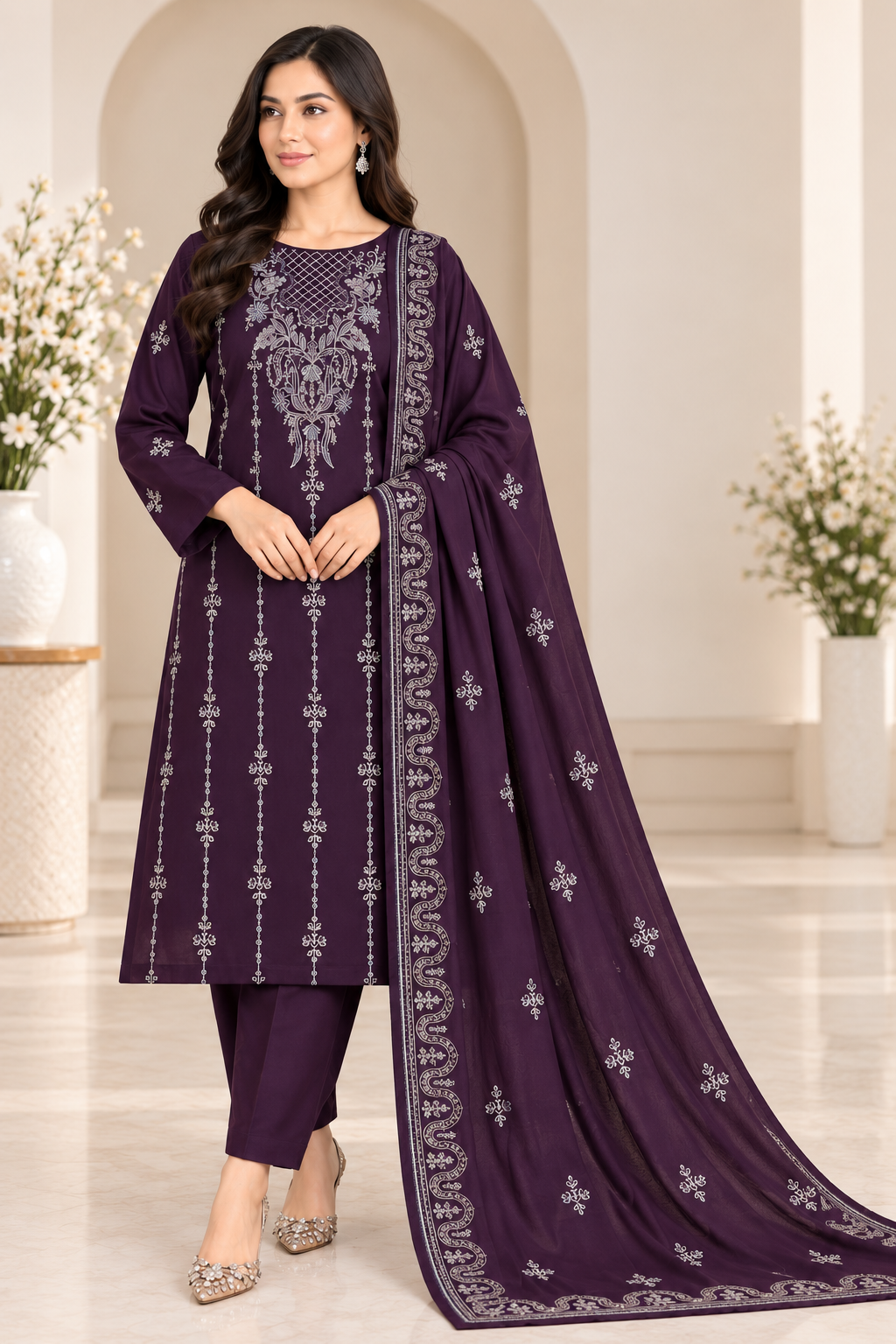Purple Dhanak Embroidered 3-Piece Suit – WPM-822