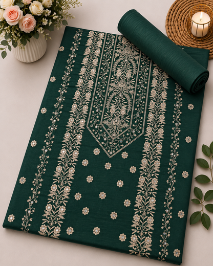Bottle Green Khaddar Embroidered 2-Piece Suit – Design 263 — unstitched embroidered shirt and plain trouser | TANIAZE