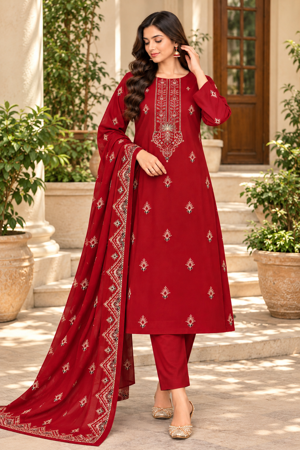 DHANAK EMBROIDERED 3-PIECE DEEP RED WPM-803