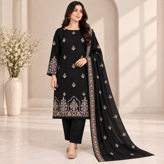 Black Dhanak Embroidered 3-Piece Suit – WPM-813