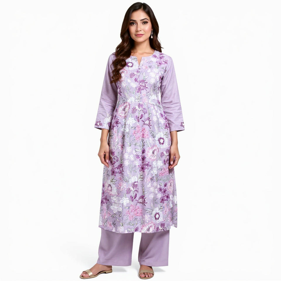 Lavender unstitched Karandi embroidered 2-piece suit WKU-163 by TANIAZE shown on a model for styling inspiration