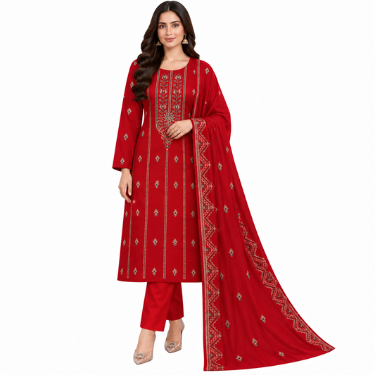 Deep Red Dhanak Embroidered 3-Piece Suit – WPM-803