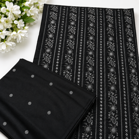 Black unstitched Karandi embroidered 2-piece suit TZAJ-2387 by TANIAZE — shirt and trouser