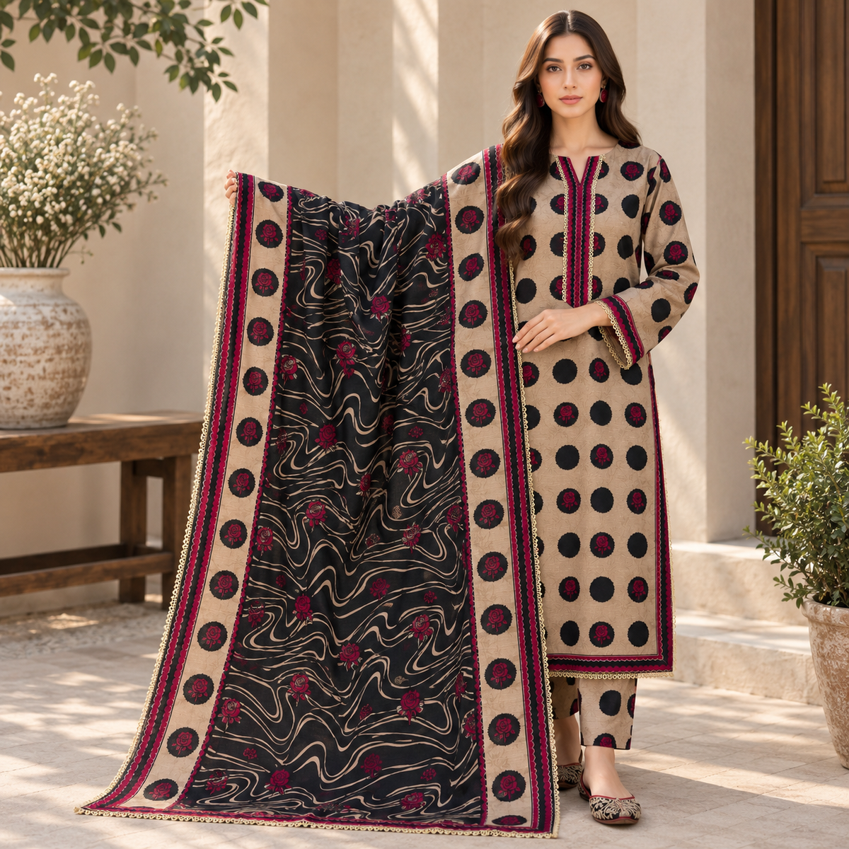 Rania printed khaddar stitched 3 piece suit with khaddar dupatta - TANIAZE