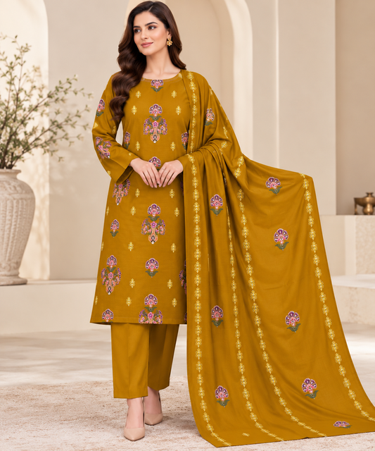 Mustard Yellow Dhanak Embroidered 3-Piece Suit – WPM-823 — product photograph 1 | TANIAZE