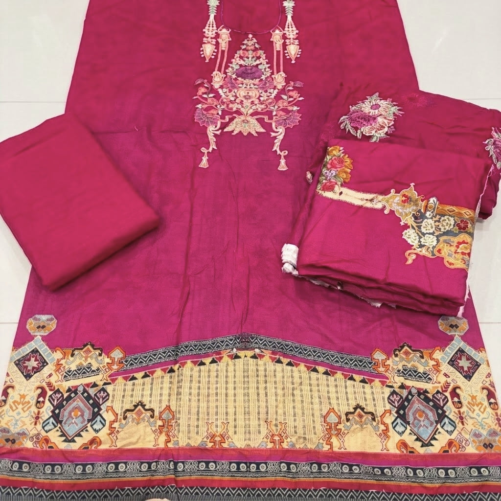 Linen printed embroidered 3pc