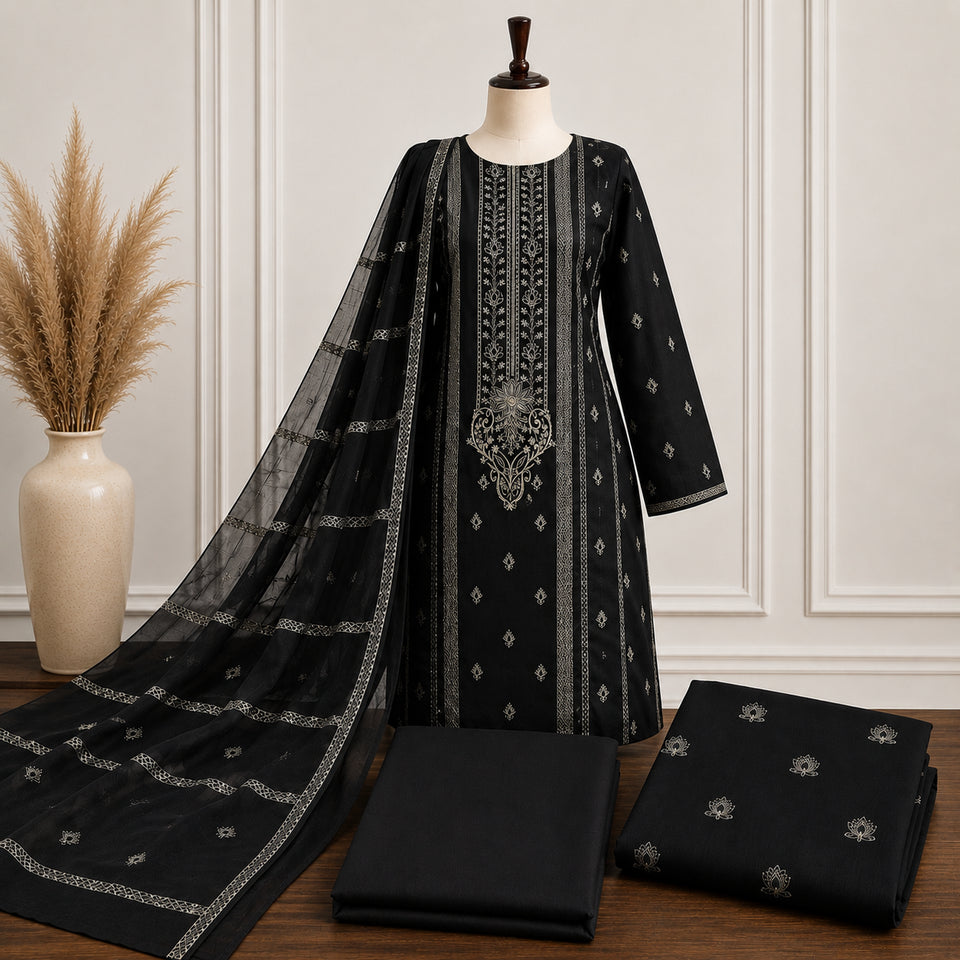 Black Karandi Embroidered 3-Piece Suit – TZAJ-398 – Image 1 | TANIAZE