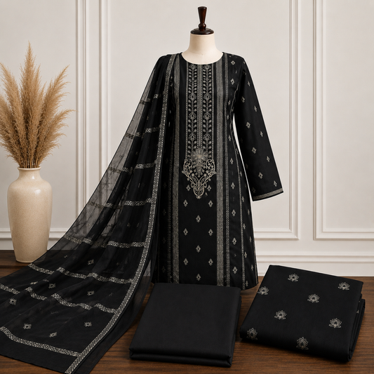 Black Karandi Embroidered 3-Piece Suit – TZAJ-398 – Image 1 | TANIAZE