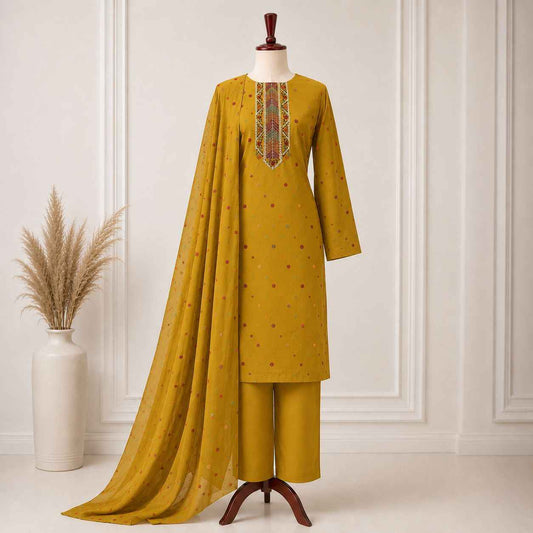 Mustard Yellow Karandi Embroidered 3-Piece Suit – TZAJ-392 – Image 1 | TANIAZE