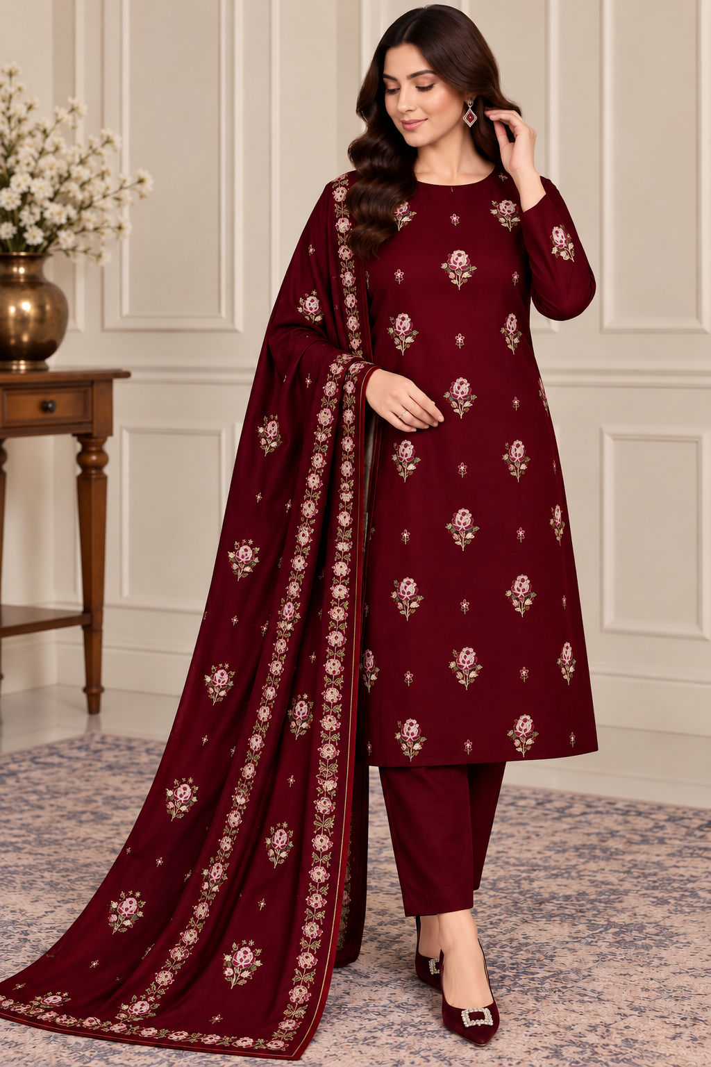 DHANAK EMBROIDERED 3-PIECE MAROON WPM-793