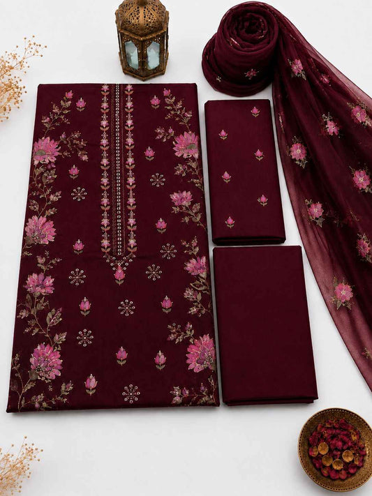 Maroon Karandi Embroidered 3-Piece Suit – TZAJ-390 – Image 1 | TANIAZE