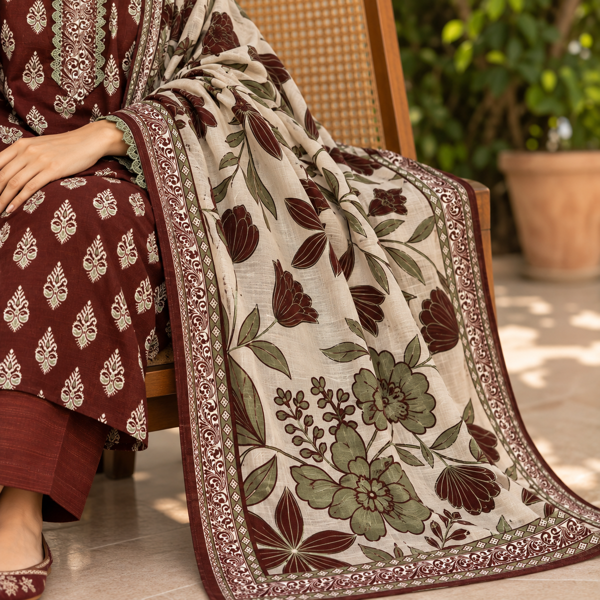 Ayla printed khaddar stitched 3 piece suit with khaddar dupatta - TANIAZE