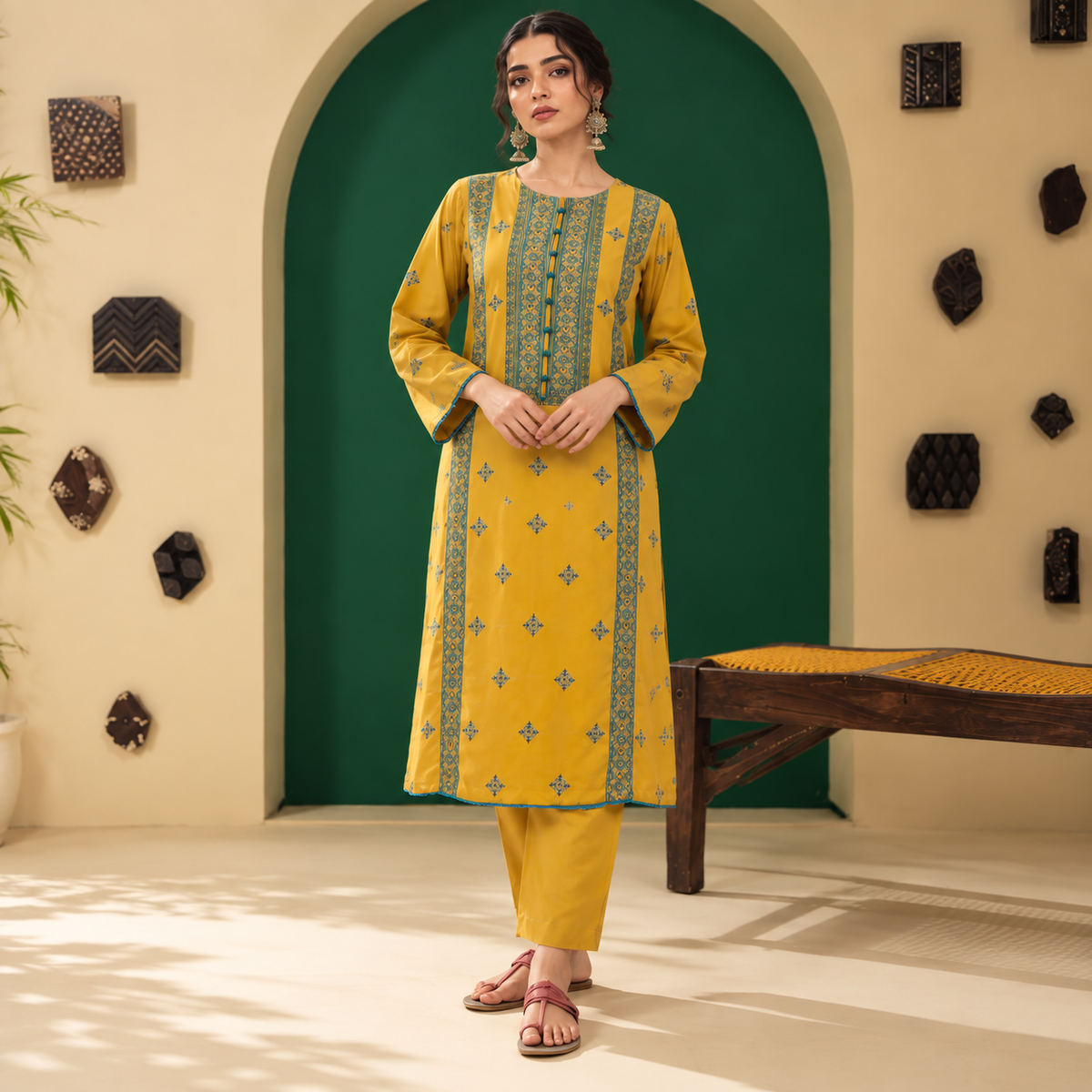 Mustard Yellow | Embroidered Karandi Stitched 2-Piece | WKS-13 — product photograph 1 | TANIAZE
