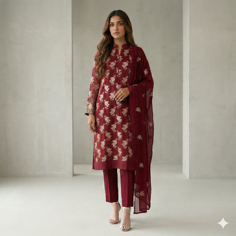 Lawn Embroidered 3-Piece Suit Chiffon Dupatta – Image 1 | TANIAZE