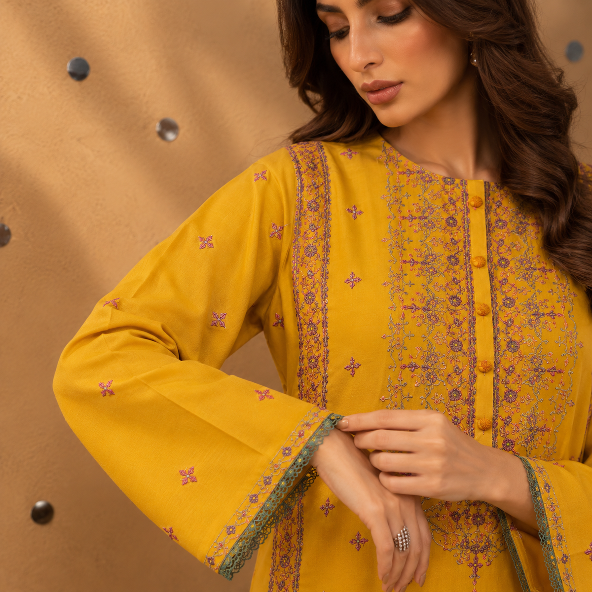 Mustard Yellow | Embroidered Karandi Stitched 2-Piece | WKS-16 — product photograph 2 | TANIAZE