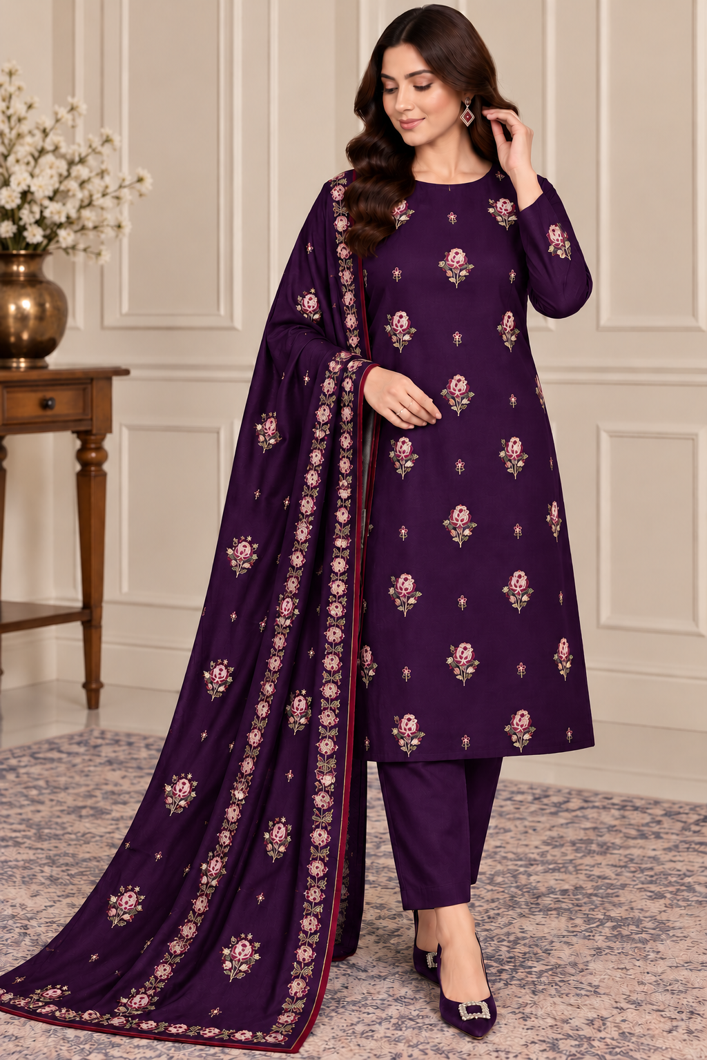 DHANAK EMBROIDERED 3-PIECE PURPLE WPM-795