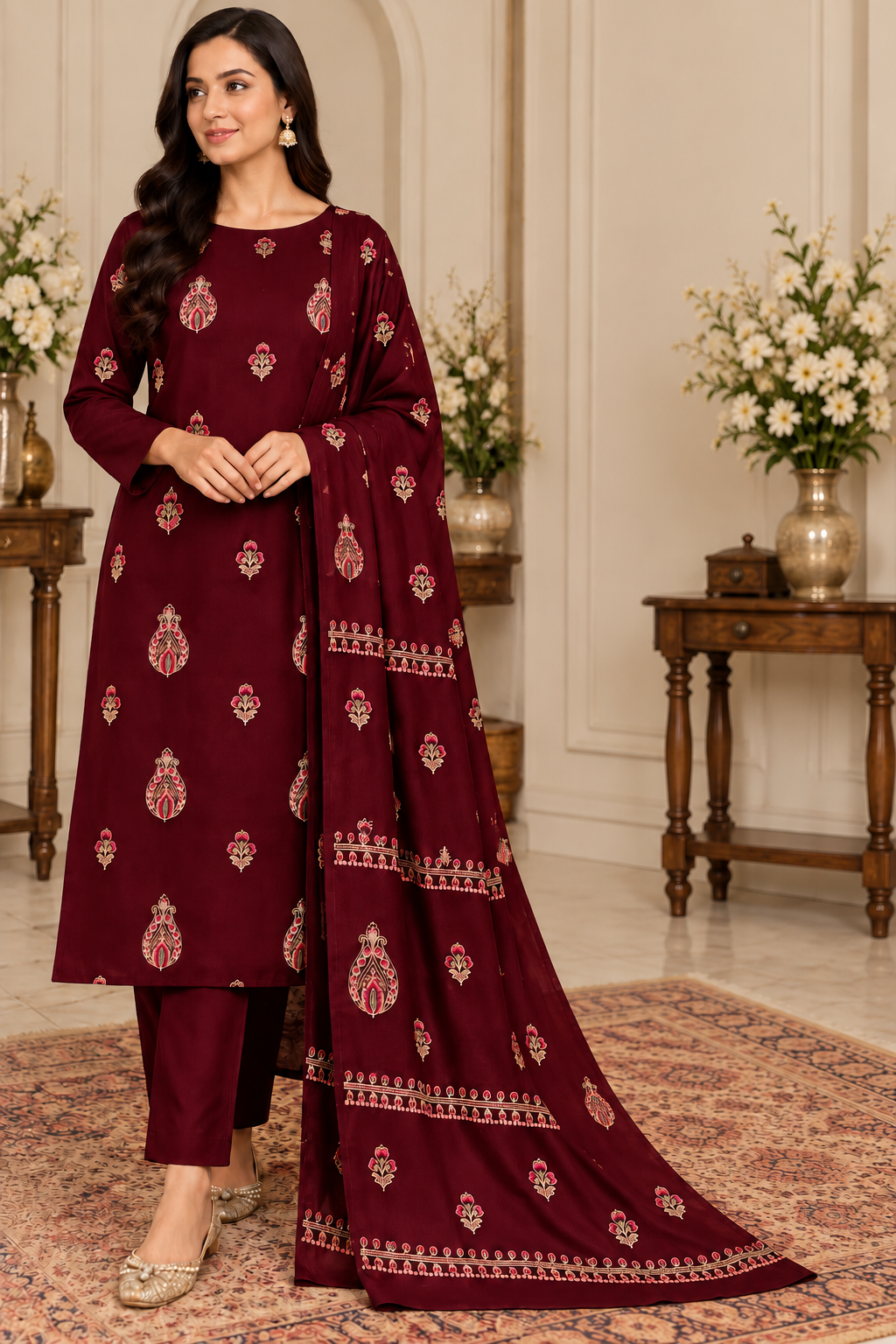 DHANAK EMBROIDERED 3-PIECE MAROON WPM-790