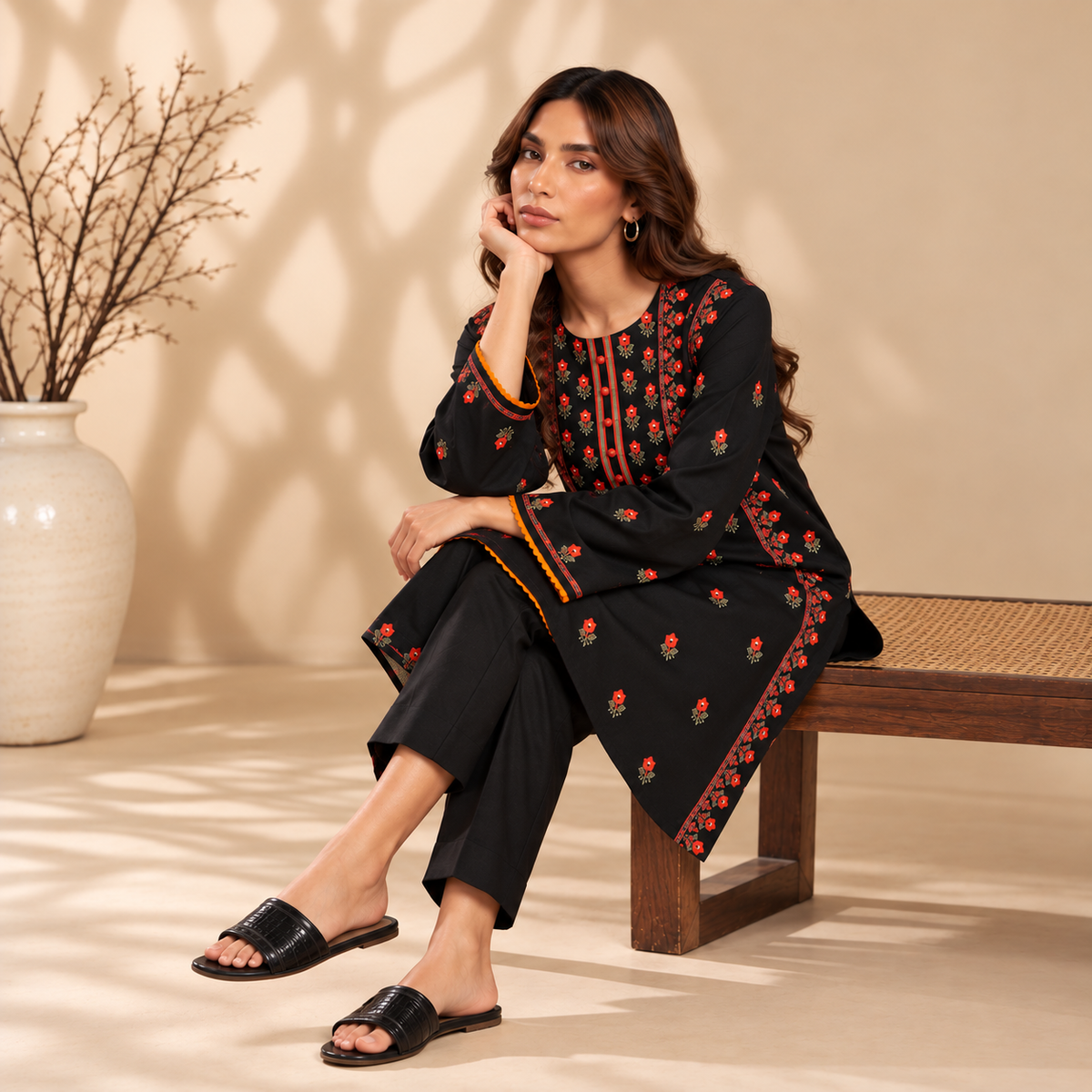 Black | Embroidered Karandi Stitched 2-Piece | WKS-17 — product photograph 3 | TANIAZE