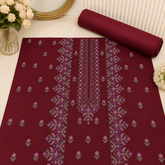 Maroon Khaddar Embroidered 2-Piece Suit – Design 270 – Image 1 | TANIAZE