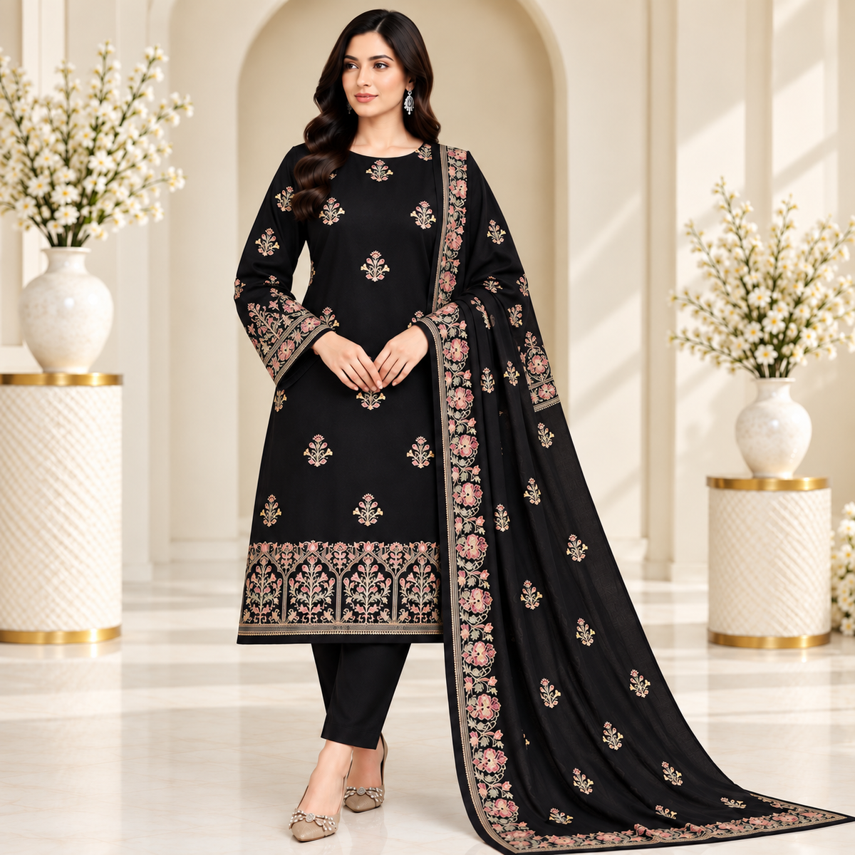 Black Dhanak Embroidered 3-Piece Suit – WPM-820