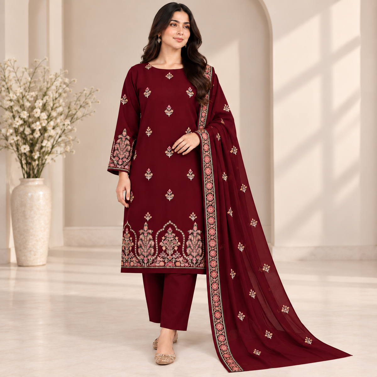 Maroon Dhanak Embroidered 3-Piece Suit – WPM-814