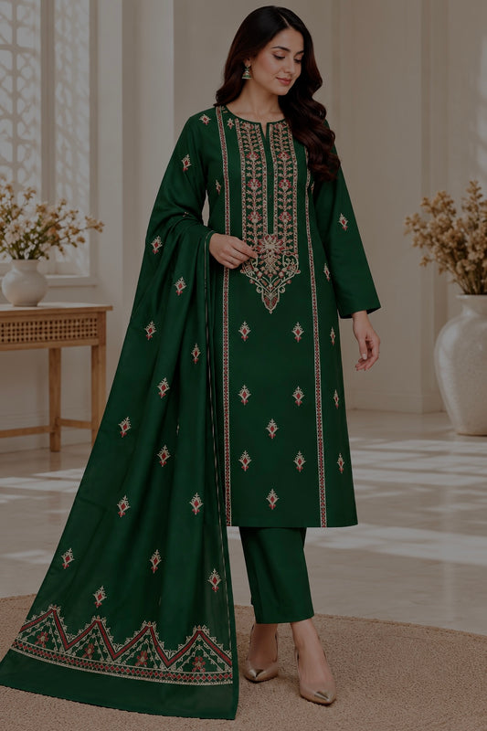 Green Dhanak Embroidered 3-Piece Suit – WPM-817