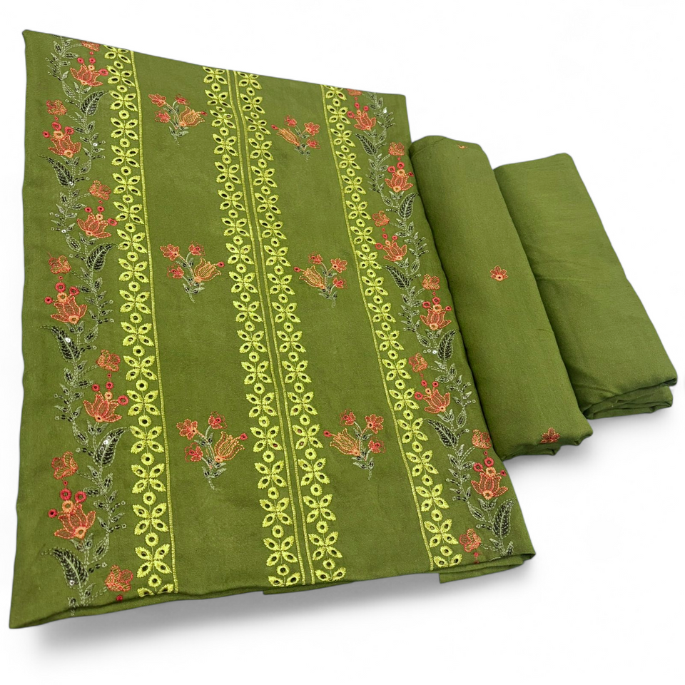 Olive Green unstitched Karandi embroidered 2-piece suit WKU-930 by TANIAZE — shirt and trouser