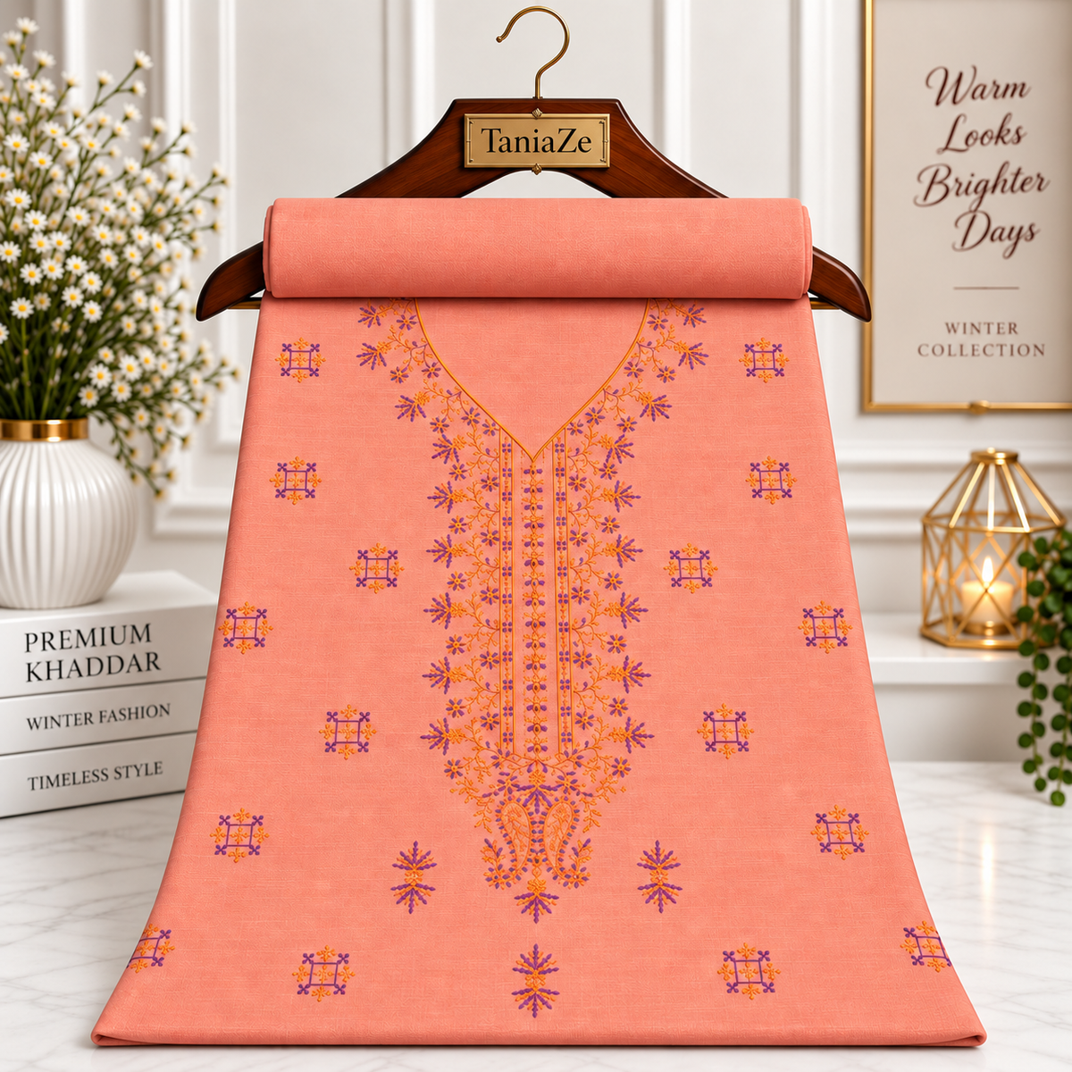 Peach Khaddar Embroidered 2-Piece Suit – Design 305