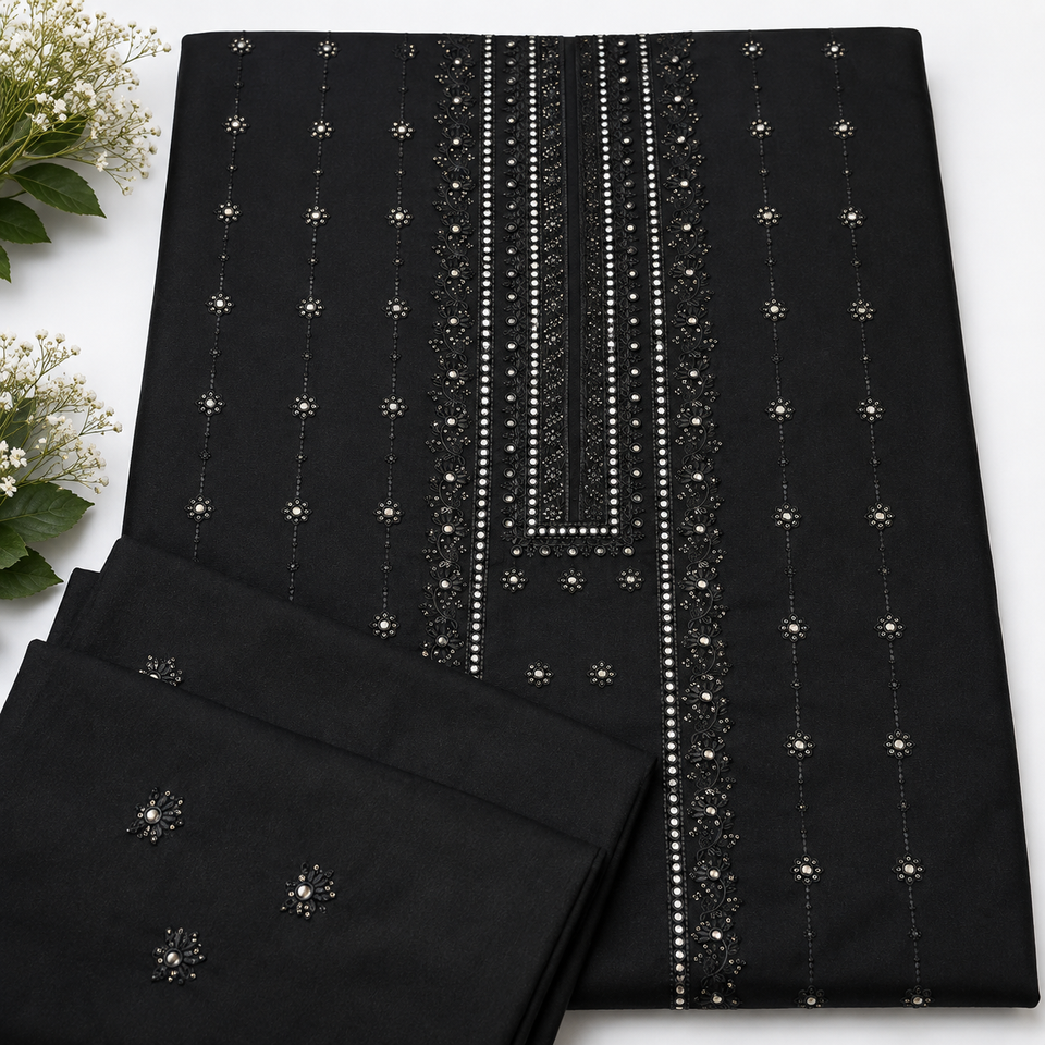 Black unstitched Karandi embroidered 2-piece suit TZAJ-2396 by TANIAZE — shirt and trouser