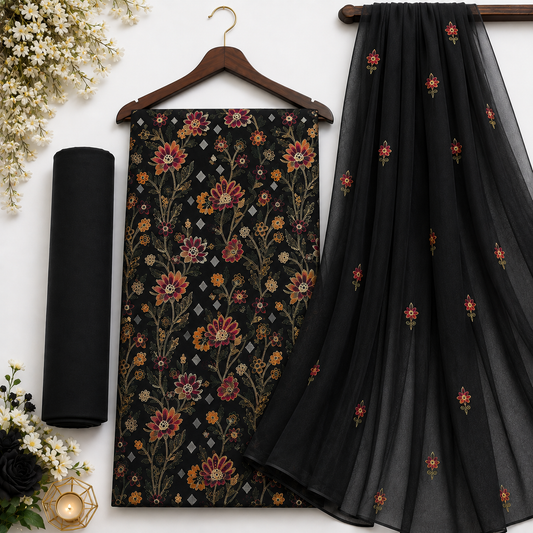 Black Karandi Embroidered 3-Piece Suit – TZAJ-357 – Image 1 | TANIAZE